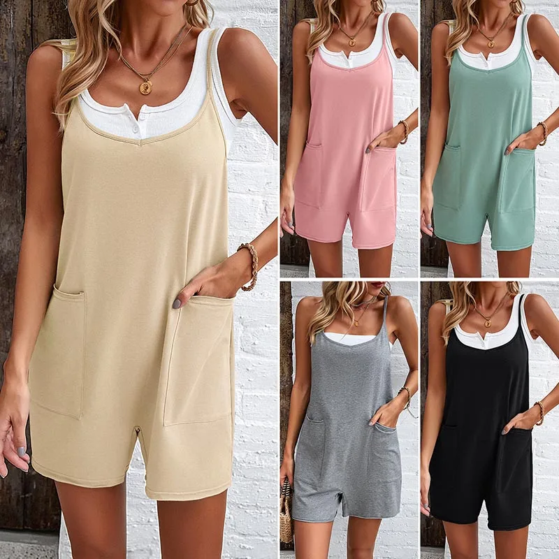 

Casual Solid Color Suspender Jumpsuit for Women Summer 2024 O Neck Sleeveless High Waist Loose Playsuits Woman Pocket Rompers