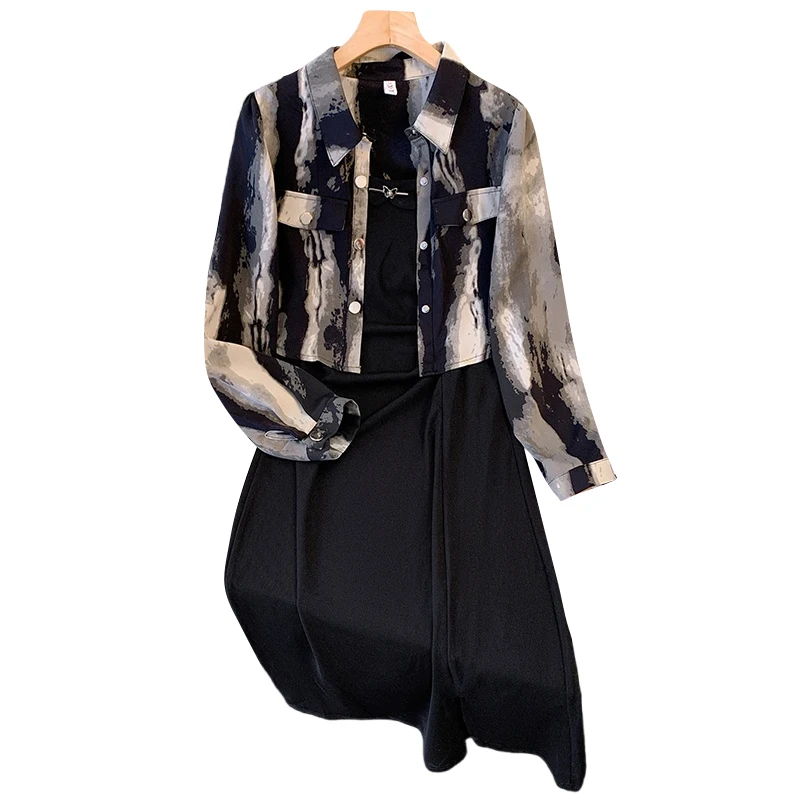 Women Autumn Winter Casual Two-piece Set Long Sleeve Printed Jacket And Sling Dress Female Elegant Large Size Elegant Black Suit
Women Autumn Winter Casual Two-piece Set Long Sleeve Printed Jacket And Sling Dress Female Elegant Large Size Elegant Black Suit