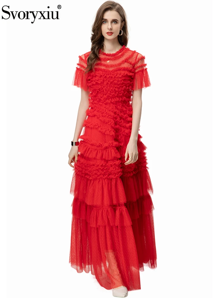 

Svoryxiu Runway Fashion Summer Party Red Elegant Long Dress Women's Net Yarn Flounces Collar High Waist Flounces Big Swing Dress