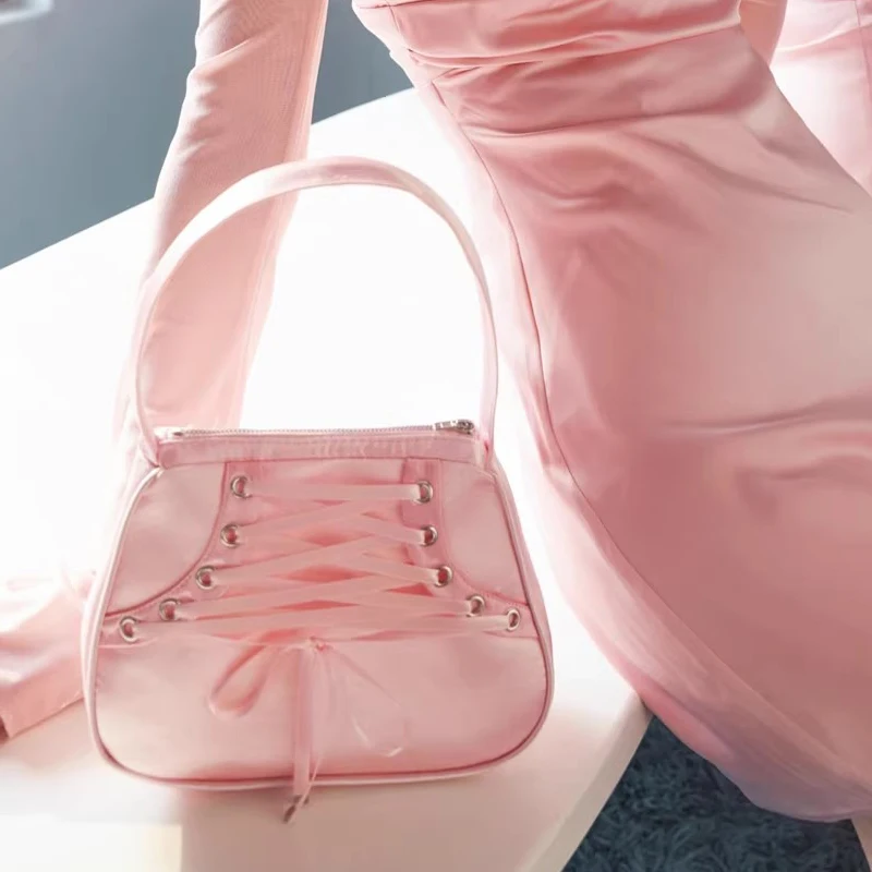 

Strap Satin Bag 2024 New Pink Cute Spice Girl Retro Underarm Bag Fashion Simple Solid Colour Versatile Luxury Handbag