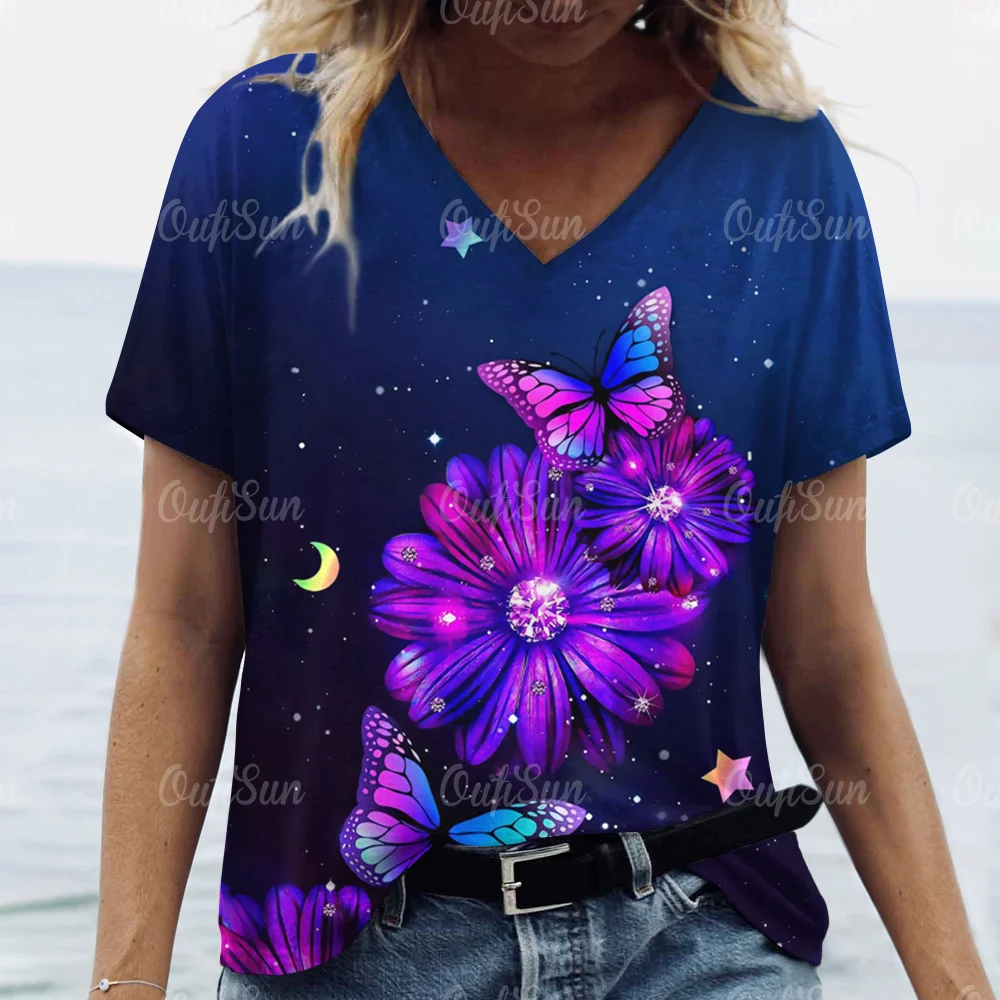 

Футболка женская с V-образным вырезом, фиолетовый топ с 3D-принтом бабочки, Цветочный Топ, модная одежда оверсайз, лето