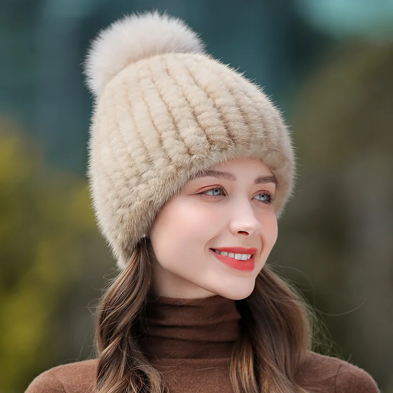 

100% real mink fur hat women winter knitted beanie Russian Girls cap with fox fur pom poms thick female cap Elastic