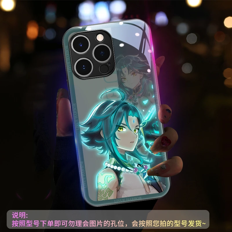 

For Genshin Impact LED Light Up Phone Case For XiaoMi 11 12 12 13Pro Ultra RedMi K50 K40 Poco F3 Smart Glitter Phone Back Cover