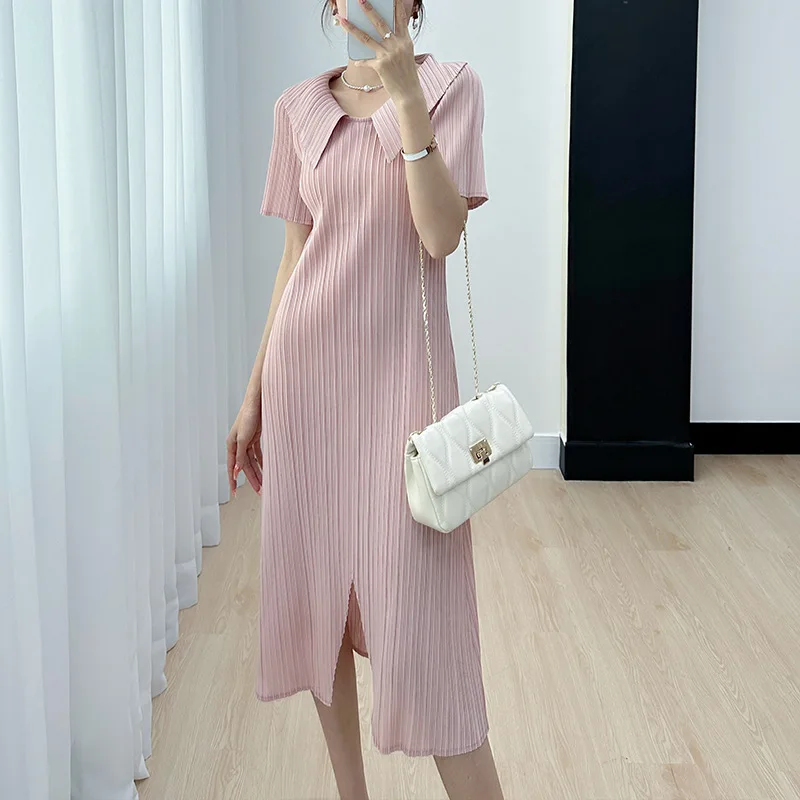 

Miyake Pleated Dress for Women 2023 Summer New Skirt High-End Temperament Youthful-Looking Niche Lapel Slit Versatile Dresses