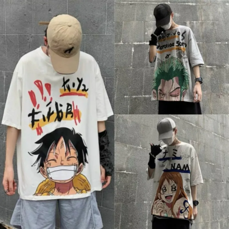 

One Piece Short-sleeved T-shirt Cartoon Character Straw Hat Pirate Group Printing Men and Women Couple Outfit Gift Zoro Luffy