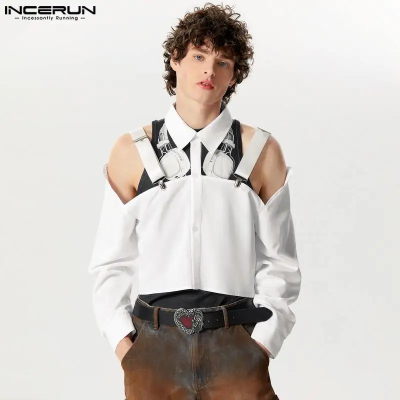 

Топы INCERUN 2024, новая мужская Укороченная рубашка в американском стиле с полым дизайном, модная блестящая Мужская однотонная блузка с длинным рукавом
