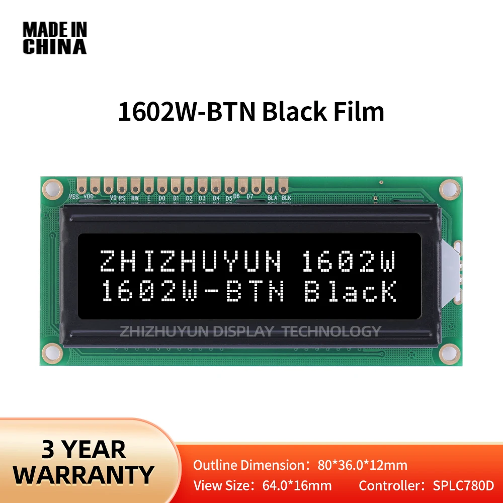 

Factory Direct Supply 1602W Character Dot Matrix LCD Screen BTN Black Film White Text 64.5*16MM Large Window