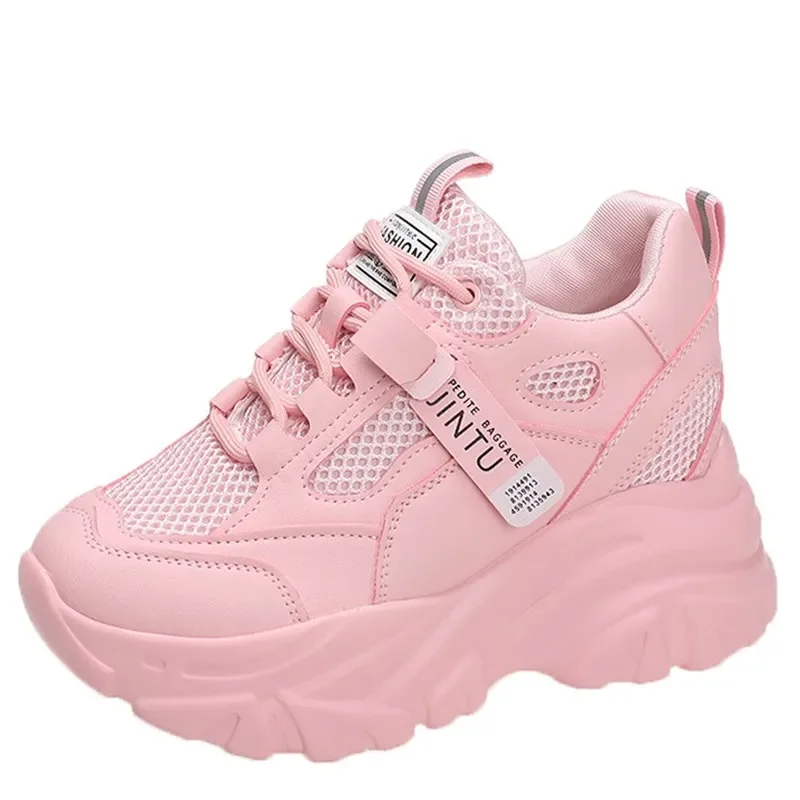 

Brand 2023 Spring Breathable Mesh Sneakers Hidden Increasing Sport Shoes Woman Wedge Casual Chunky Shoes High Platform Shoes 9CM