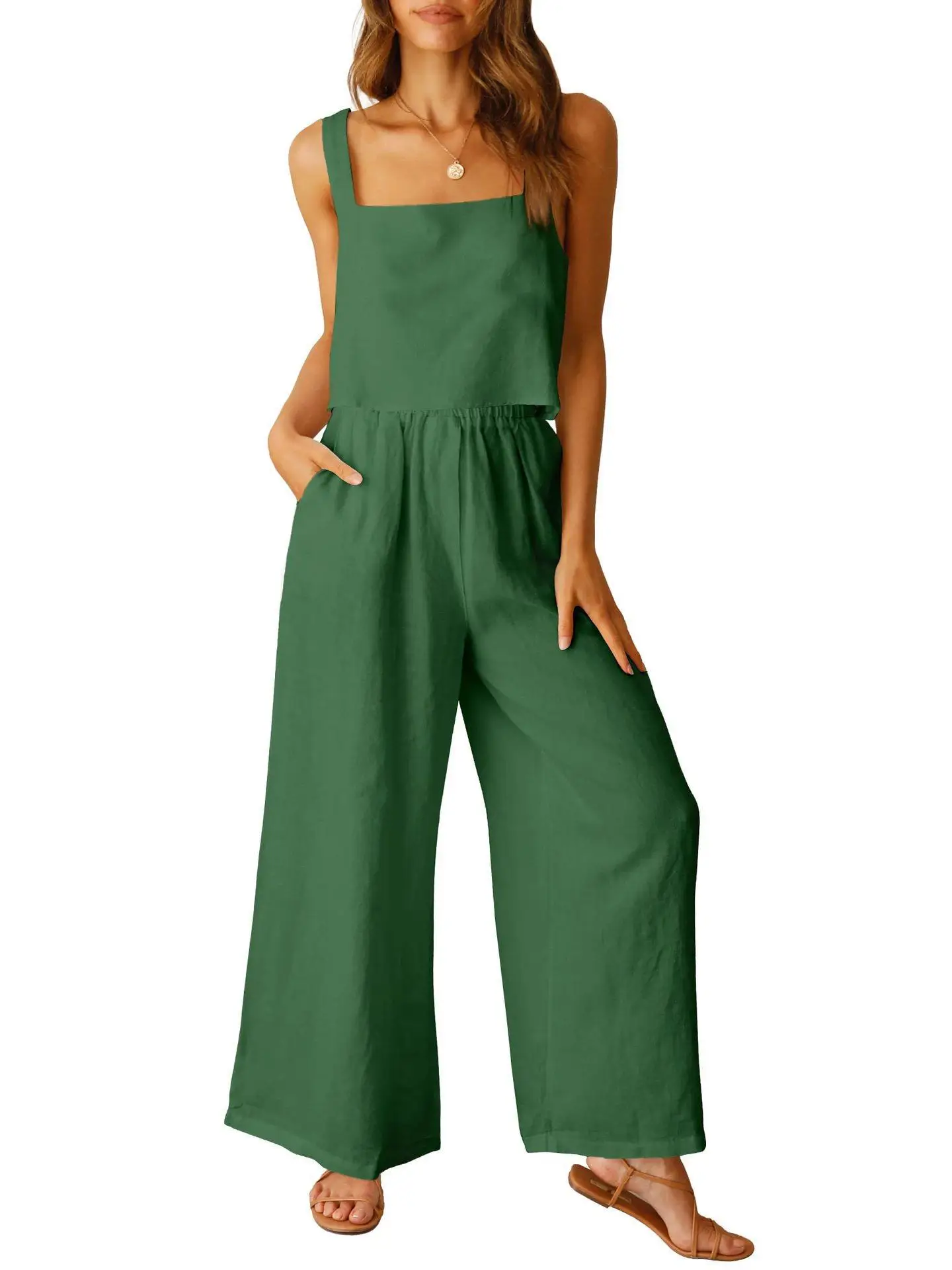 Spring and Summer 2024 Women 2-piece Sleeveless Suspenders Square Neck Vest Wide-leg Trousers Casual Fashion Comfortable Suit
Spring and Summer 2024 Women 2-piece Sleeveless Suspenders Square Neck Vest Wide-leg Trousers Casual Fashion Comfortable Suit