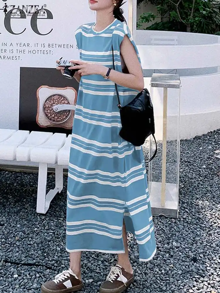

Женское длинное платье ZANZEA без рукавов, винтажное Макси-платье в полоску с принтом, летнее праздничное пляжное платье, повседневные свободные платья с разрезом, 2023