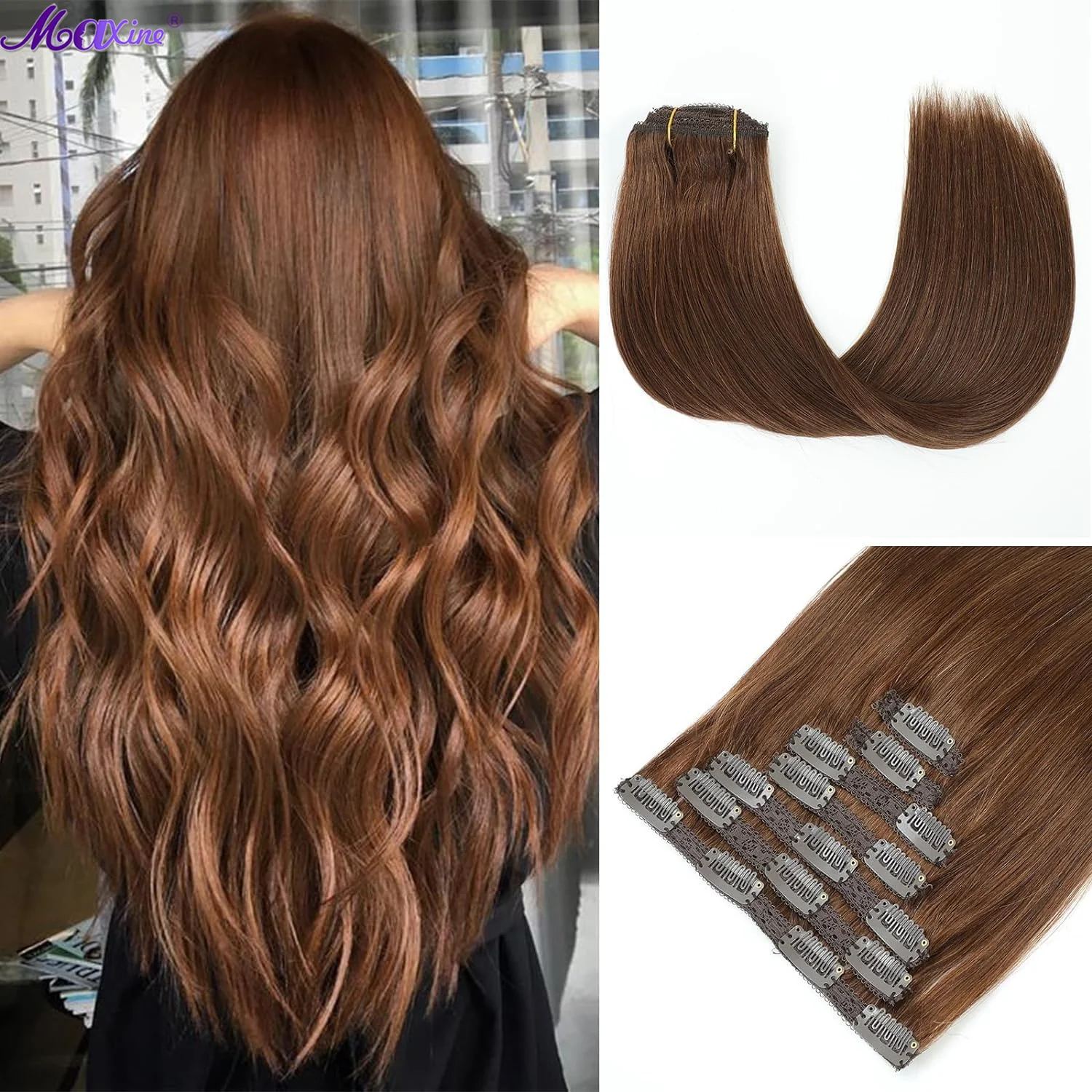 

Chocolate Brown 4# 7PCS 70G Clip in Hair Extensions Real Human Hair Seamless Clip In Hair Extensions 100% Unprocessed Full Head