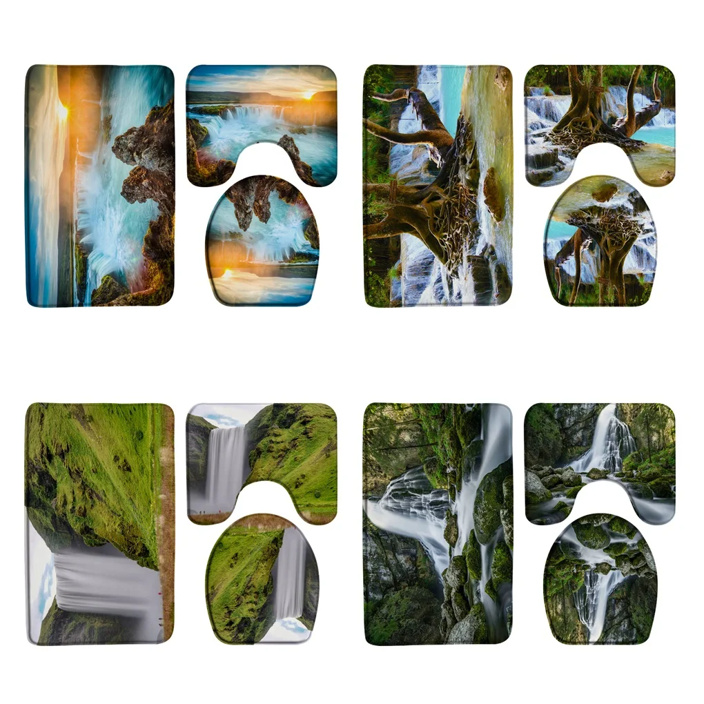 

Waterfall Painting Bathroom Rug Set 3Pcs Natural Scenery Forest Non-Slip Bath Mat U-Shape Carpet Toilet Lid Cover Floor Doormat