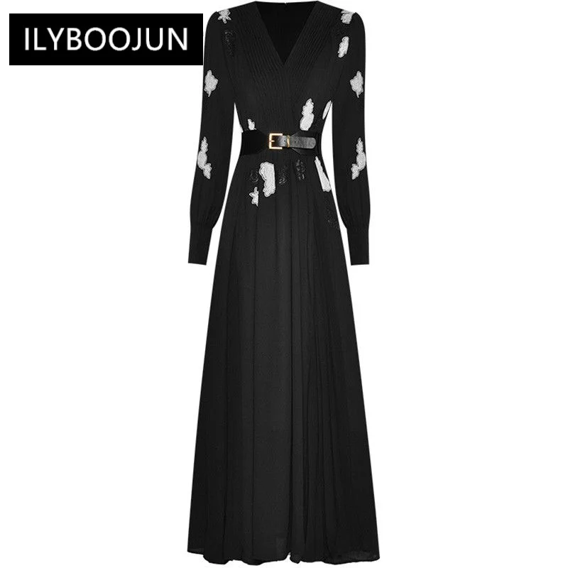 Summer Fashion Runway Black Vintage Pleated Dress Women V Neck Embroidery Sashes Gathered Waist A-LINE Slim Long Dress
Summer Fashion Runway Black Vintage Pleated Dress Women V Neck Embroidery Sashes Gathered Waist A-LINE Slim Long Dress