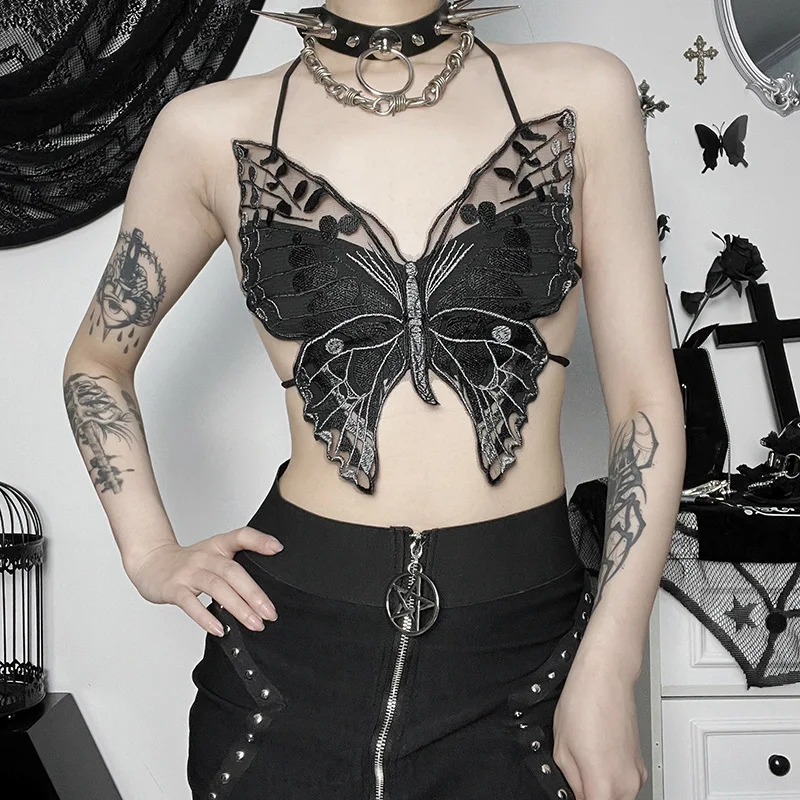 

Goth Dark Fairycore Lace Butterfly Backless Camis Y2k Grunge Sexy Bandage Halter Top Mall Gothic Embroidery Crop Festival Outfit