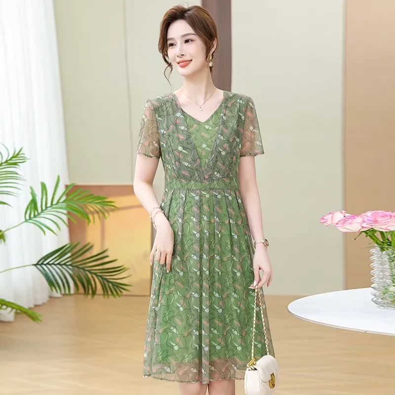 

Summer Popular Maple Leaf Flowers A-line Fashion V Neck Splicing Short Sleeve Gauze Midi Dresses Women