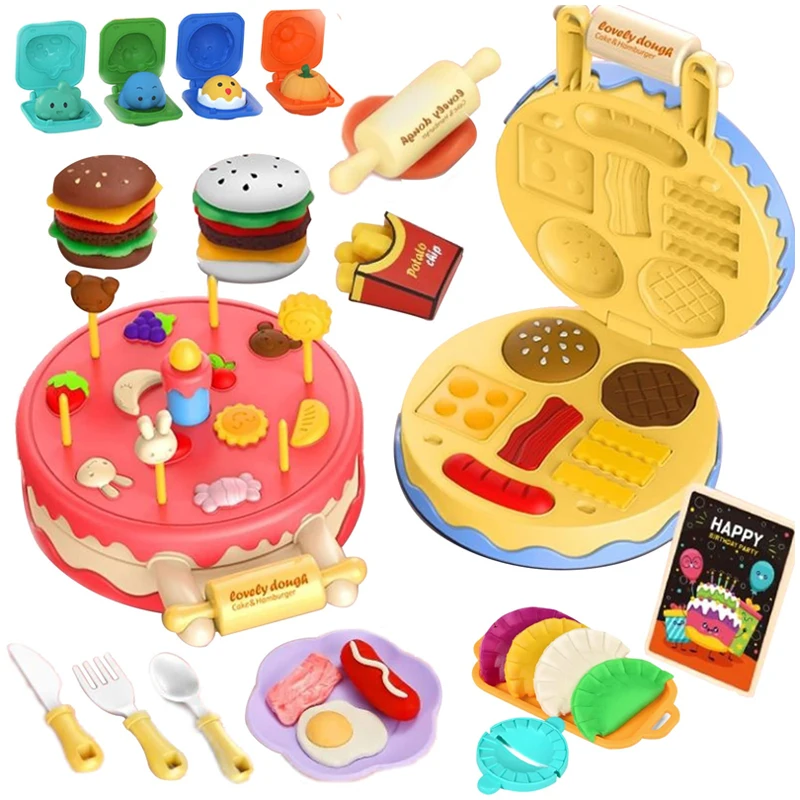 

Children's Pretend Play Cake Burger Noodle Machine Family Play Dough Tools Set Colored Clay Plasticine Mold Toys Gift for Kids