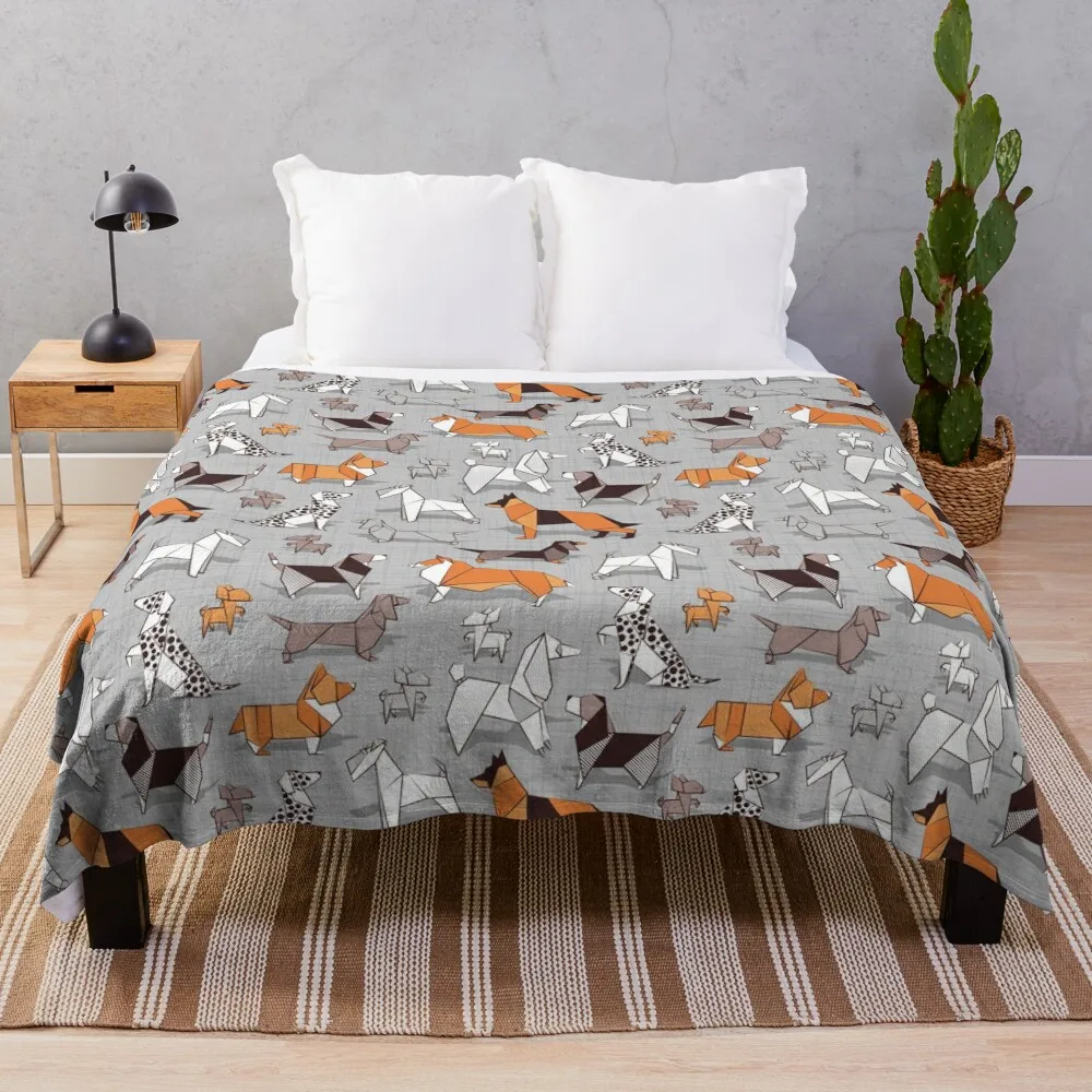 

Origami doggie friends // grey linen texture background Throw Blanket Hairy Sofa Quilt Blankets Sofas Of Decoration Blankets