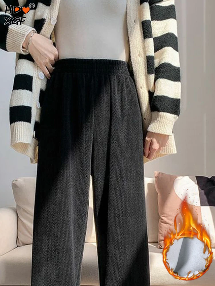 

Warm Thicken Velvet Lined Wide Leg Pants Womens Casual Plush Thick Elastic High Waist Pantalone Korean Fashion Snow Wear Spodnie