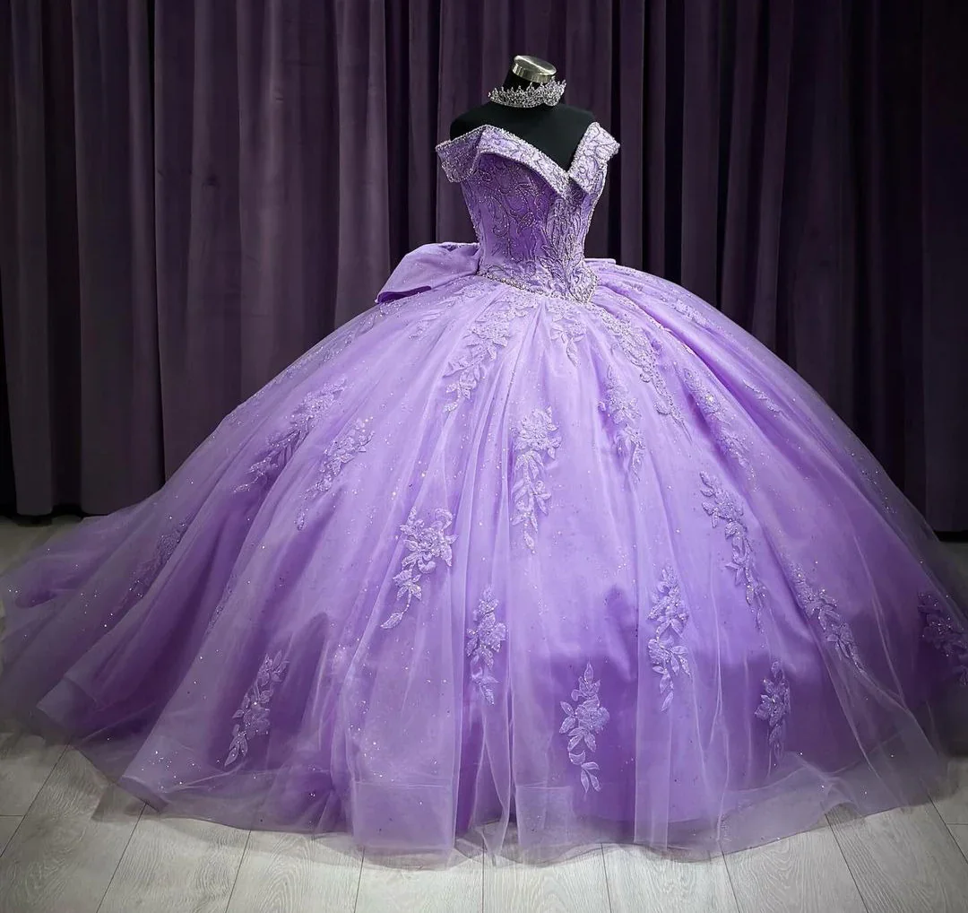 Lavender Elegant Quinceanera Dress with Big Bow Off the Shoulder Corset Lace Applique Sequins Beads Tulle Sweet 16 Princess Prom
Lavender Elegant Quinceanera Dress with Big Bow Off the Shoulder Corset Lace Applique Sequins Beads Tulle Sweet 16 Princess Prom