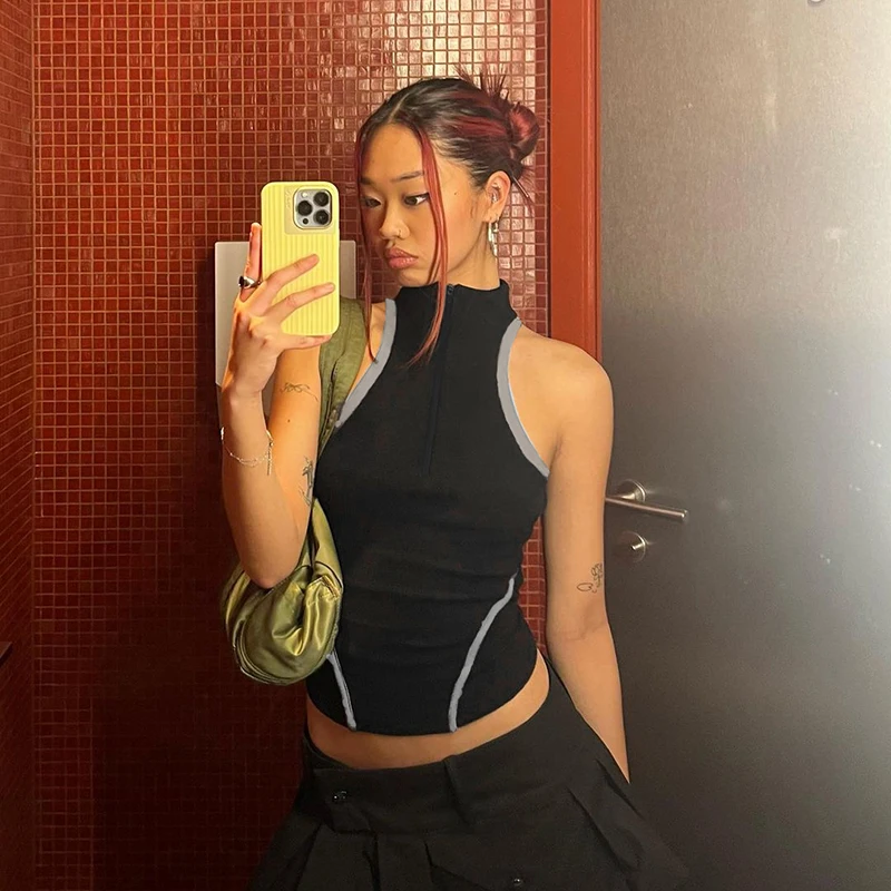 Vest Women's Black Edge Contrast Color Zipper Stand Collar Backless Stitching Decorative Open-Line Outer Wear Short Top Summer
Vest Women's Black Edge Contrast Color Zipper Stand Collar Backless Stitching Decorative Open-Line Outer Wear Short Top Summer