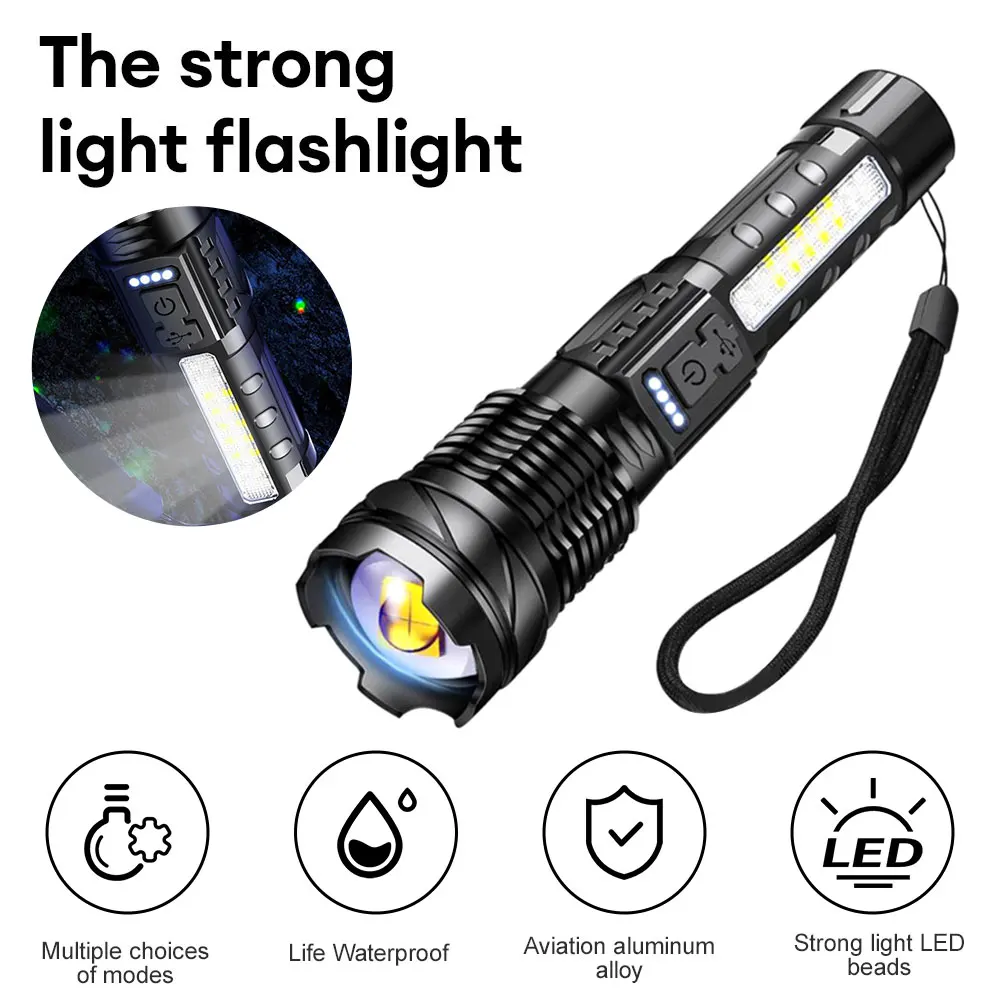 

High Strong Power LED Flashlights Strong Light Telescopic Zoom Waterproof Flashlight Multi-gear Adjustment Torch Power Display