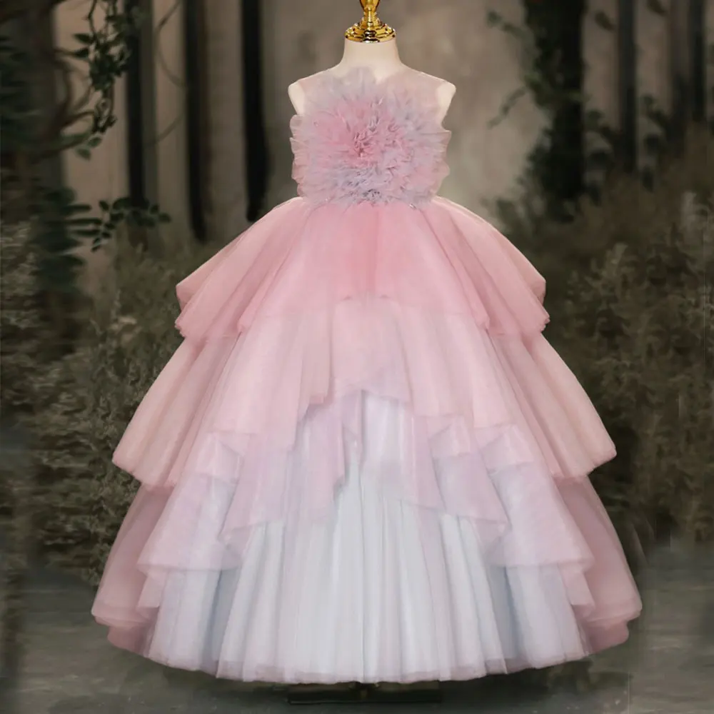 

Jill Wish Luxury Pink Dubai Girl Dress Flowers Arabric Princess Kids Wedding Birthday Party Long Ball Communion Gown 2024 J159