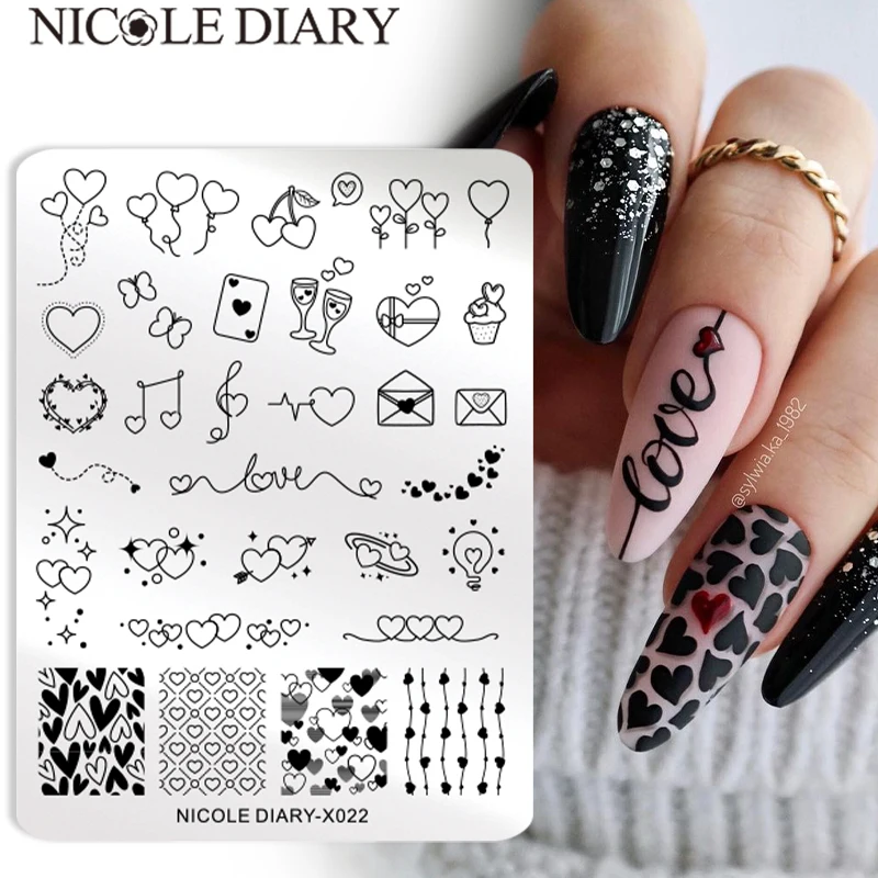 

NICOLE DIARY Heart Love Nail Stamping Plates Image Template English Letter Geometry Line Printing Stencil Nail Art Manicure Tool