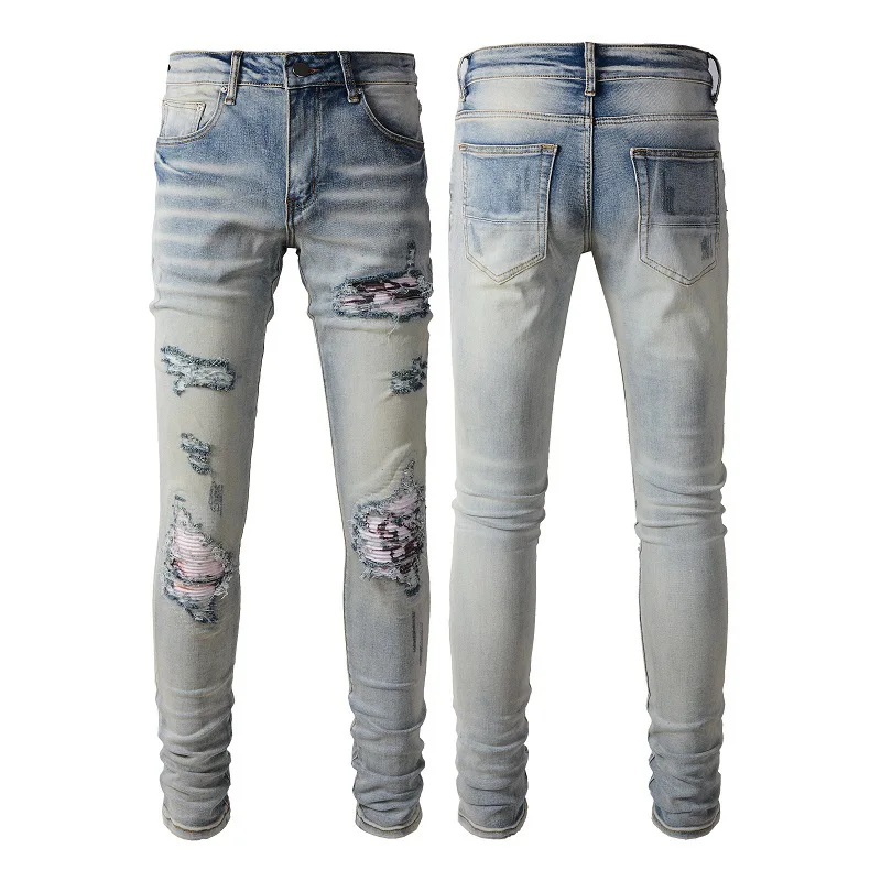 

Blue High Street Fashion Distressed Skinny Jeans Men Slim Hip Hop Biker Denim Pants Stretch Destroyed Bandana Patch Beggar Jeans