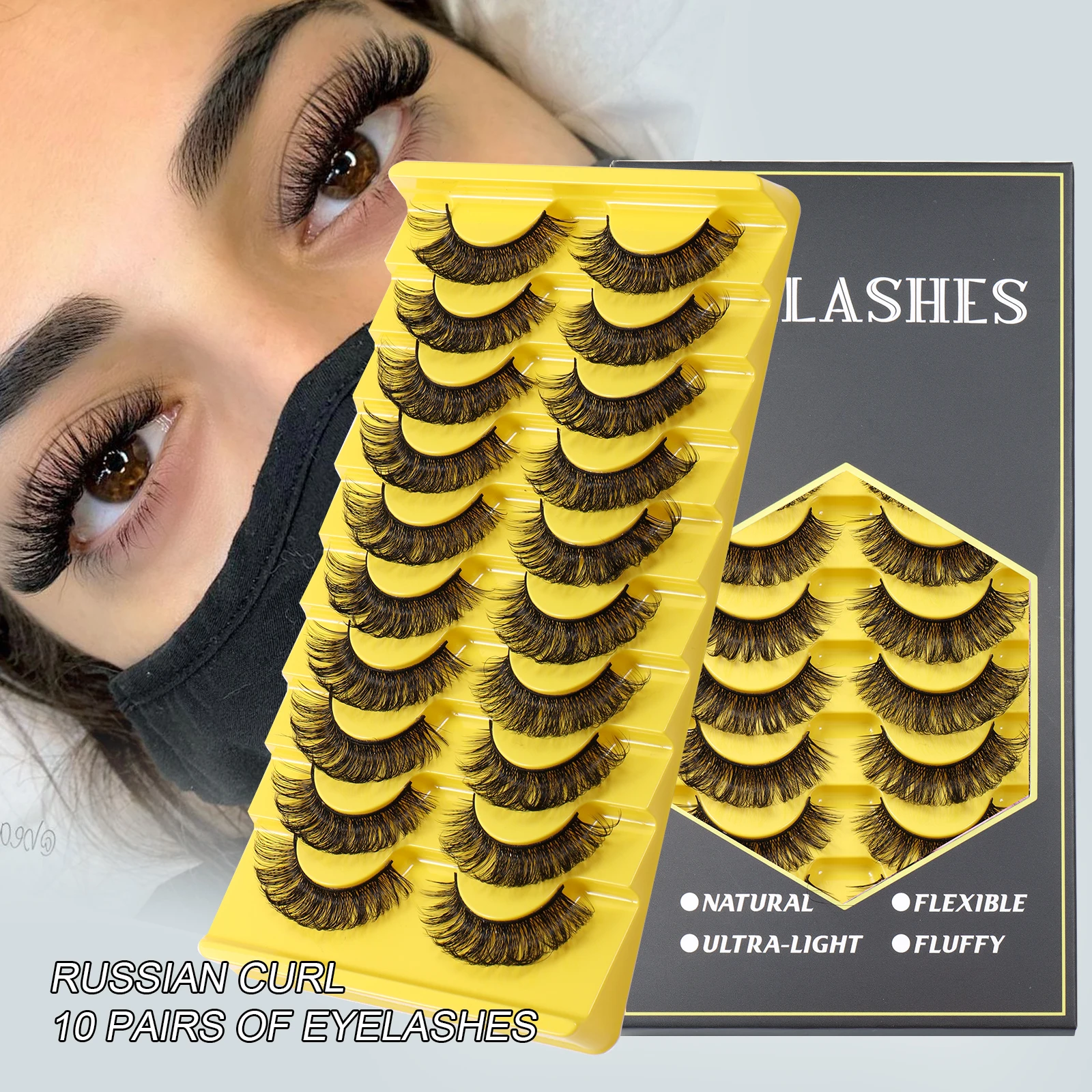 

10 Pairs Natural False Eyelashes Curl Russian Volumes 3D Fluffy Mink Reusable Fake Lashes Flexible Extensions Faux Cils
