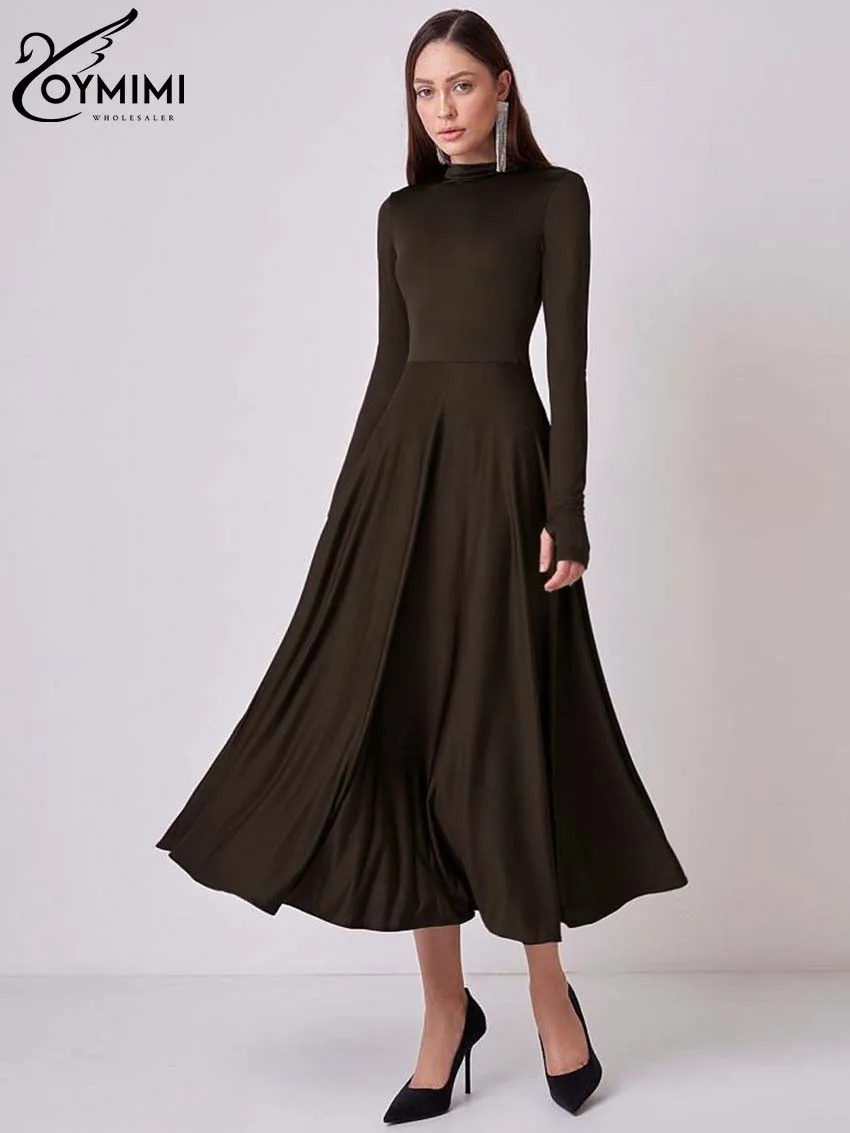 

Oymimi Elegant Brown Slim Women's Dress Casual O-Neck Solid Long Sleeve Dresses Streetwear Spring High Waist Mid-Calf Dresses
