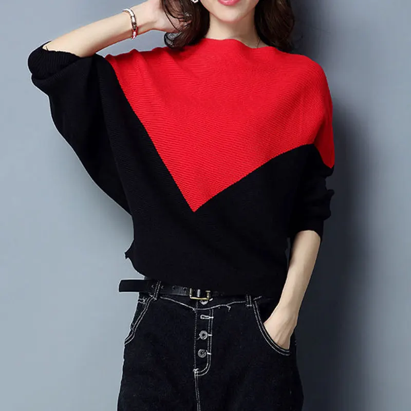 Women's Korean Slash Neck Patchwork Sweaters Autumn Winter Fashion Commute Batwing Sleeve Loose Knitted Jumpers Female Clothing
Women's Korean Slash Neck Patchwork Sweaters Autumn Winter Fashion Commute Batwing Sleeve Loose Knitted Jumpers Female Clothing