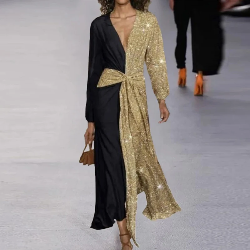 Fashion Office Draped Maxi Dress Sexy Deep V Sequin Patchwork Party Dress for Women Autumn Elegant Bow Lace Up Long Sleeve Dress
Fashion Office Draped Maxi Dress Sexy Deep V Sequin Patchwork Party Dress for Women Autumn Elegant Bow Lace Up Long Sleeve Dress