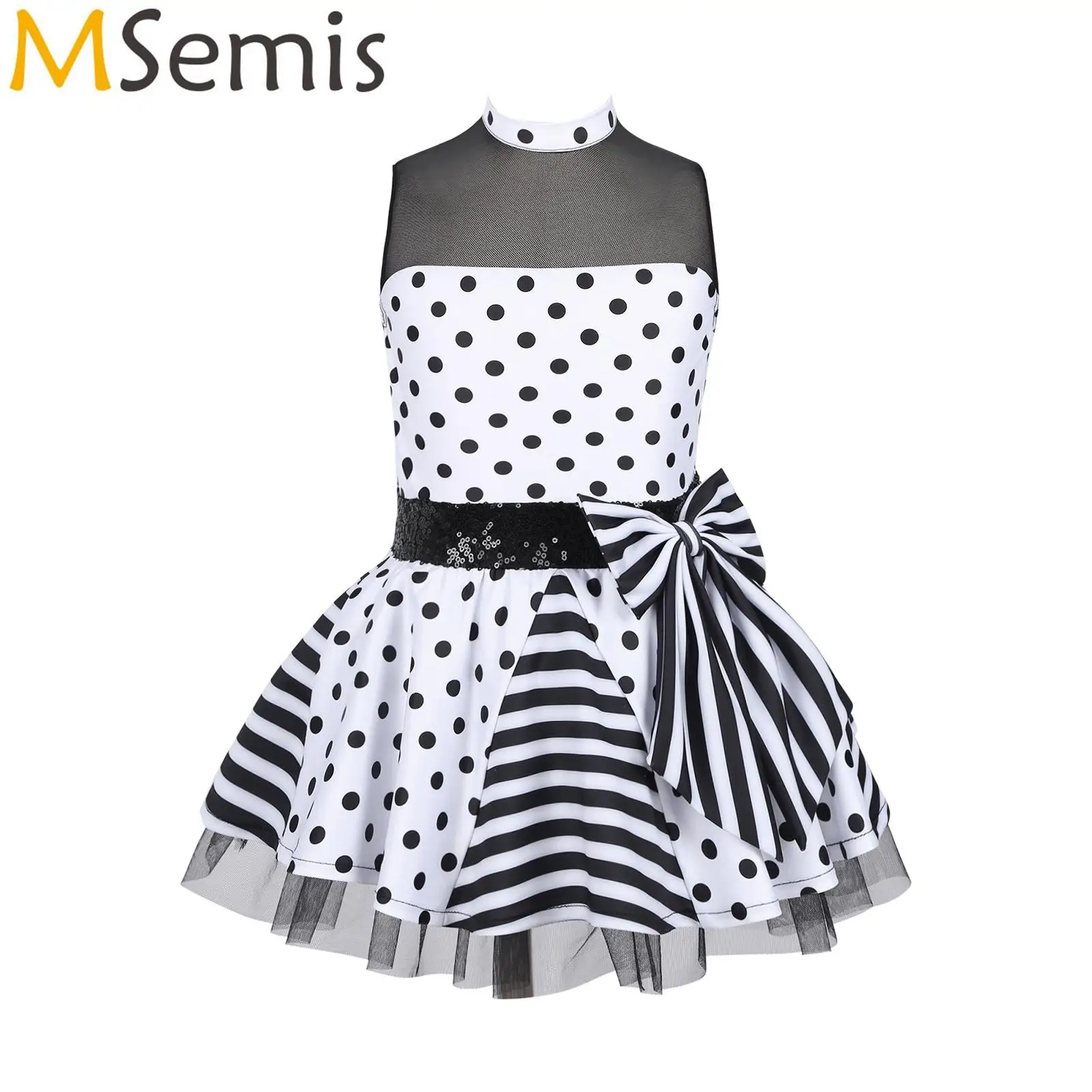 

Kids Girls Ballet Tutu Dress Sleeveless Round Collar Polka Dots Dancewear Print Mesh Sequins Bowknot Jazz Latin Dance Dress