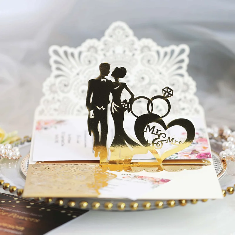 

25/50pcs Laser Cut Bride And Groom Wedding Invitations Card 3D Tri-Fold Diamond Ring Greeting Card Wedding Party Favor Supplies