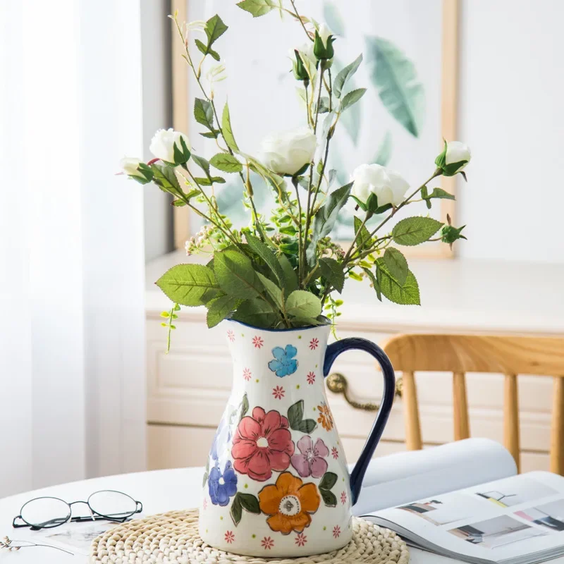 

Декоративная ваза для цветов в садовом стиле, креативные европейские керамические вазы с ручкой, бытовая, для гостиной, посуда для цветочной композиции