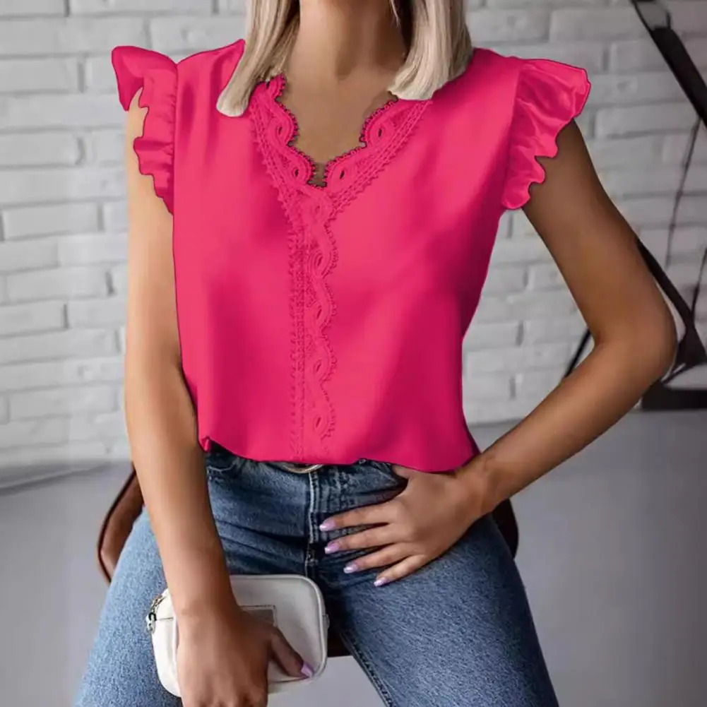 

Lace Splicing Pullover Tops Stylish Women's V-neck Lace Splicing Blouse with Ruffled Sleeves Loose Fit Casual Shirt for Summer