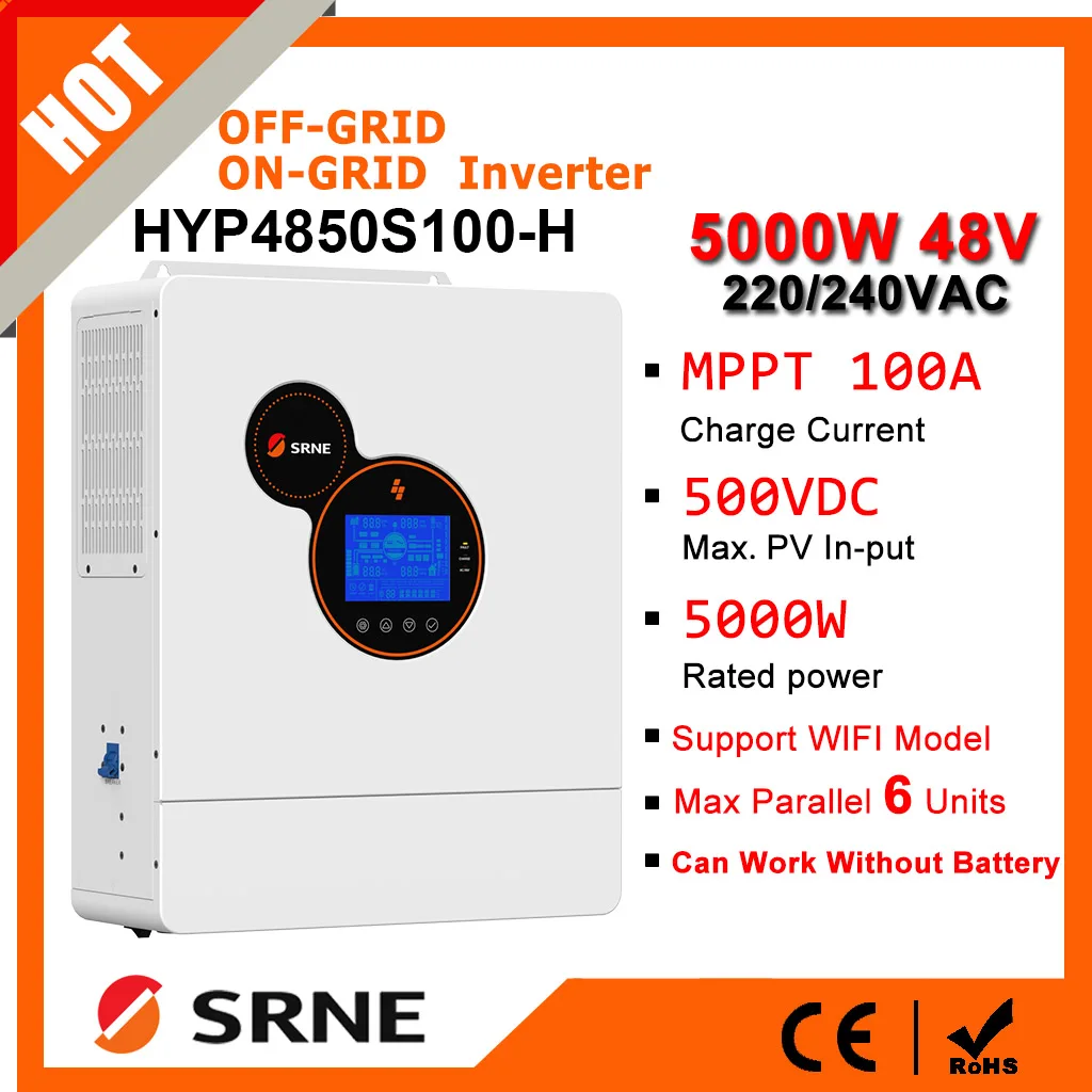 SRNE 5KW/5KVA 48VDC 220/380VA 3 Phase Hybrid Solar Inverter Off-grid/On-grid Inverter Mppt 100A Charger Max Parallel 6 Units
SRNE 5KW/5KVA 48VDC 220/380VA 3 Phase Hybrid Solar Inverter Off-grid/On-grid Inverter Mppt 100A Charger Max Parallel 6 Units