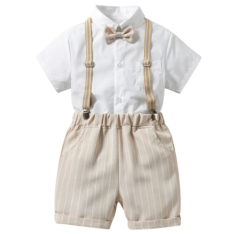 

4Piece Set Toddler Boy Summer Outfits Baby Luxury Clothing Fashion Stripe Gentleman T-shirt+Shorts+Straps Kids Clothes BC2388