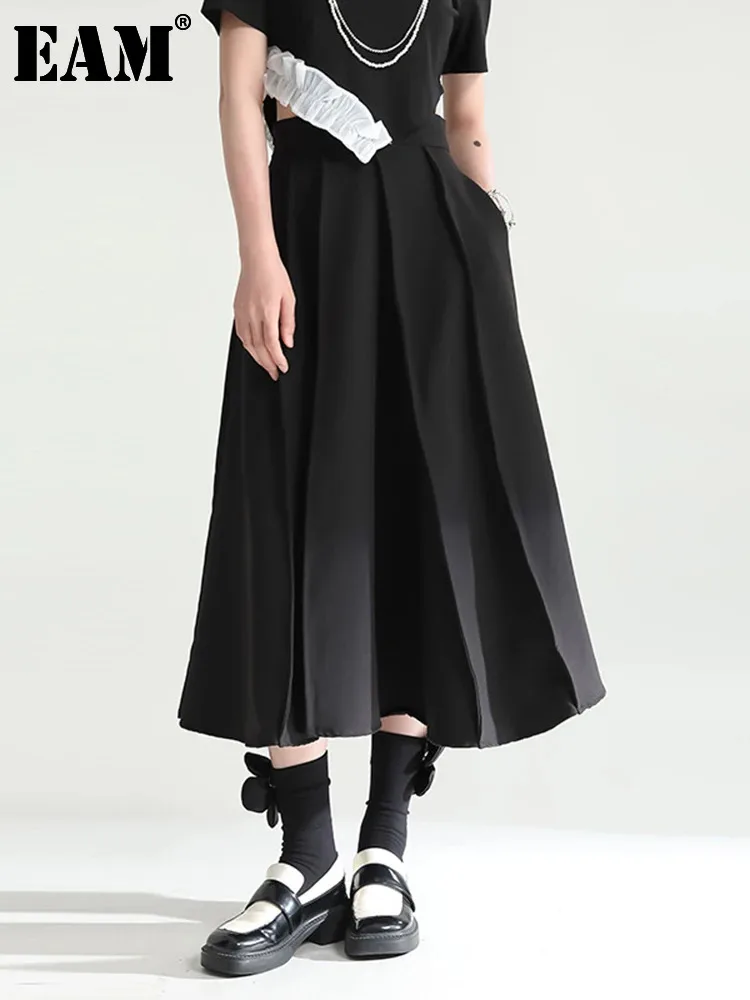 

[EAM] High Waist Black Brief Long Elegant Pleated A-line Half-body Skirt Women Fashion Tide New Spring Autumn 2024 1DE9082
