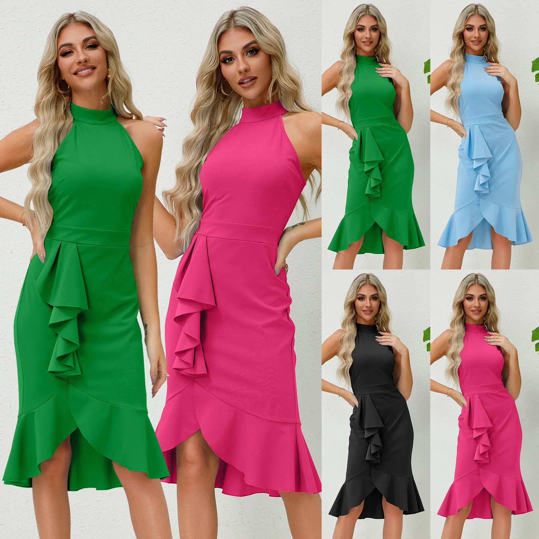 

Hot Selling European and American Women's Sexy Buttocks Wrapped Slim Fit Standing Collar Sleeveless Ruffled Fishtail Dress