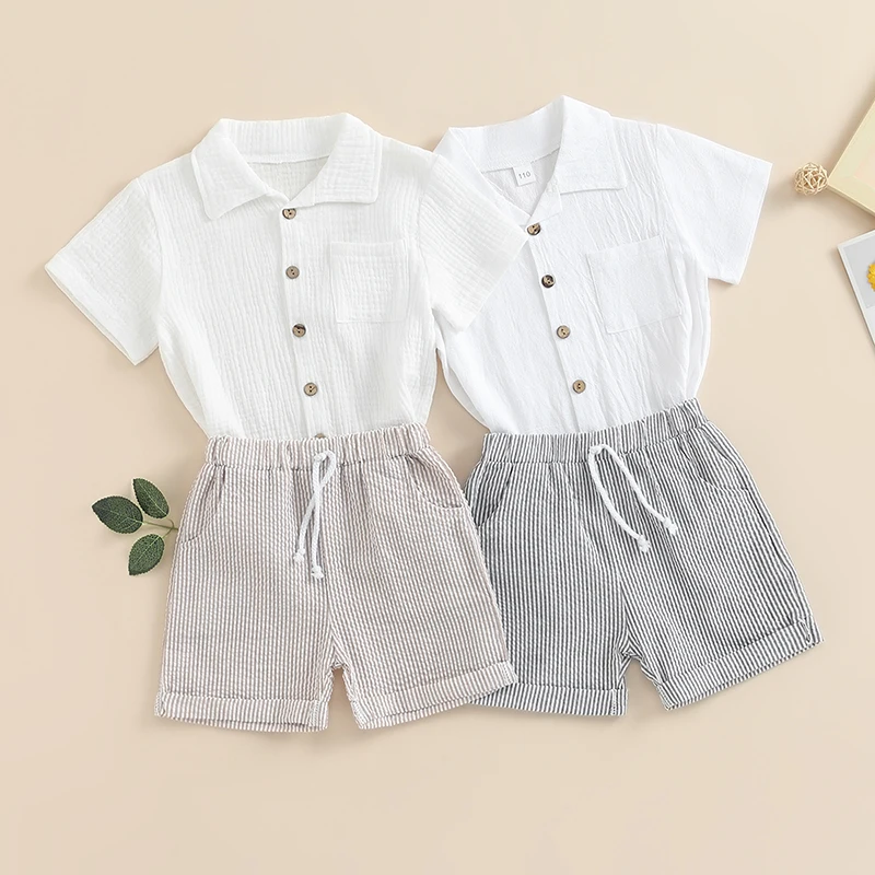 Kids Boys 2Pcs Suit Casual Street Summer Solid Color Short Sleeve Lapel Single-breasted Shirt Tops + Striped Shorts 3-7Years
Kids Boys 2Pcs Suit Casual Street Summer Solid Color Short Sleeve Lapel Single-breasted Shirt Tops + Striped Shorts 3-7Years