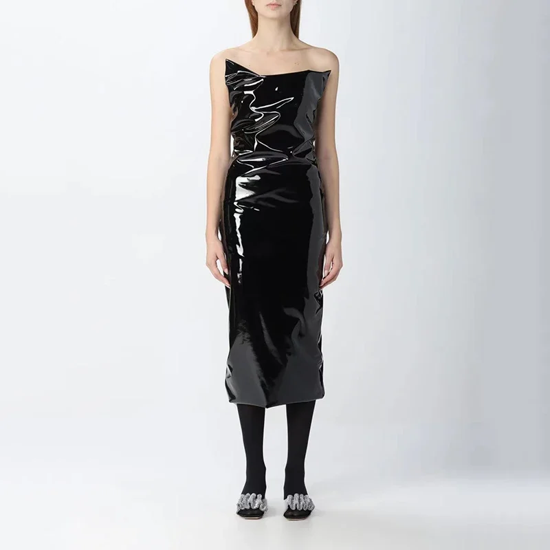 Женское блестящее платье-миди из лакированной кожи, без рукавов, из искусственного латекса 
Женское блестящее платье-миди из лакированной кожи, без рукавов, из искусственного латекса