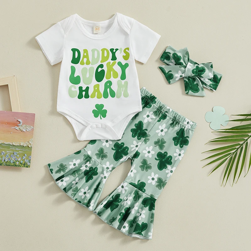 

Newborn Baby Girl St Patricks Day Outfit - Miss Lucky Charm Romper Bodysuit Green Bell Bottom Pants Set