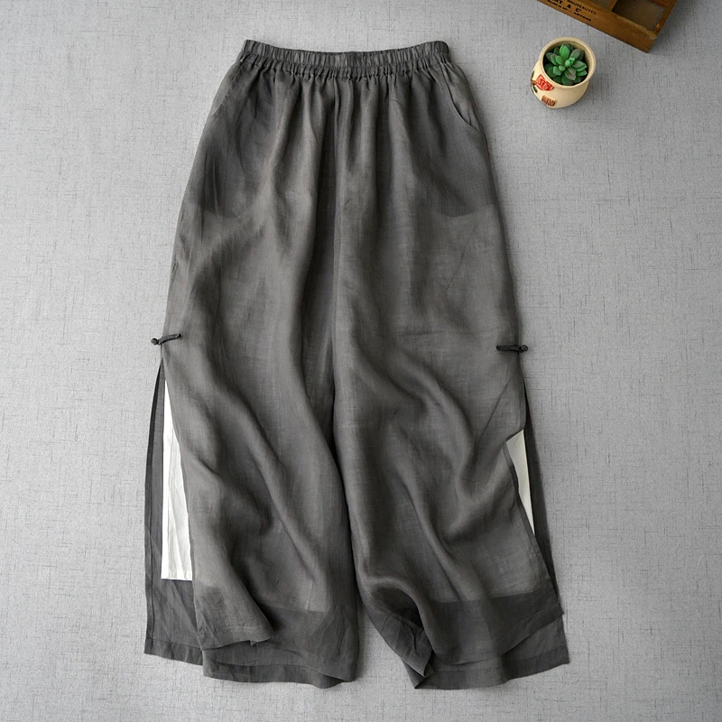 

67-100cm Waist, 92cm Length / Summer Women Loose Comfy Breathable Water Washed Ramie Trousers Elastic Waist Wide Leg Pants