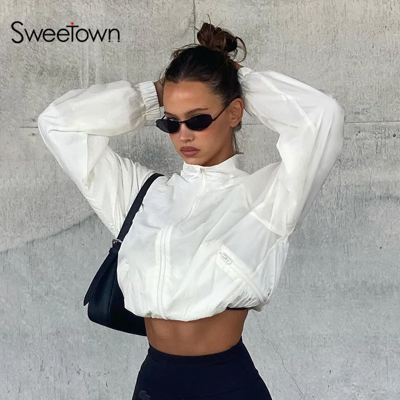 

Sweetown Zip Up Stand Collar Casual White Jackets For Women Zipper Pockets Details Korean Style Long Sleeve Street New Outwears