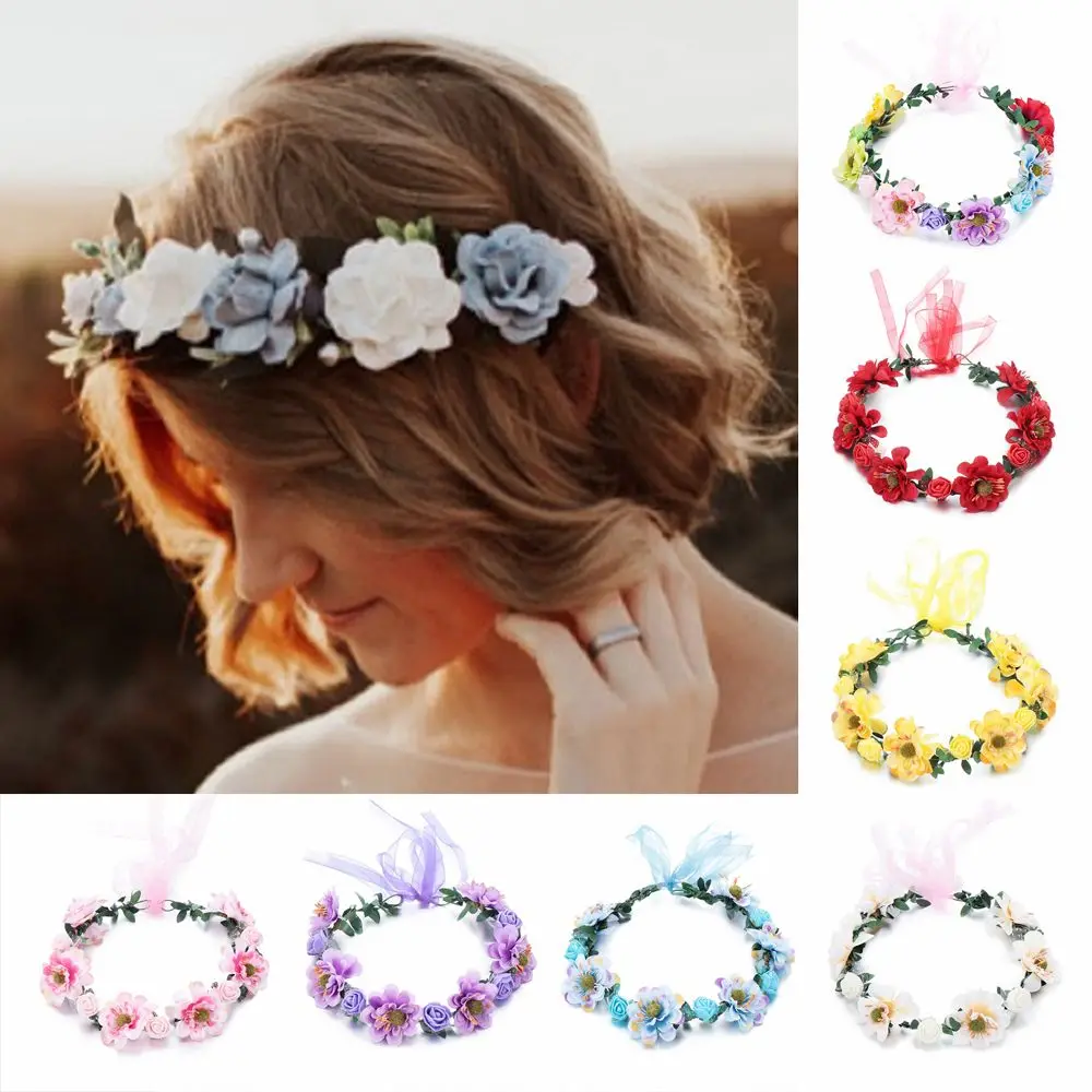 

Flowers Leaves Headbands with Adjustable Ribbon Rose Flower Crown Bohemia Garland Bridal Halo Headpiece Girls Floral Wreath