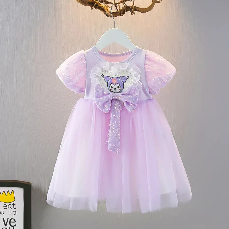 

Детское летнее платье с коротким рукавом Sanrio Kuromi, милое мультяшное тонкое платье принцессы с пышными рукавами, аниме сетчатая юбка, подарок для девочки, 2024