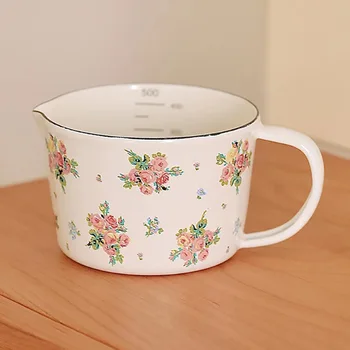 프랑스 스타일 레트로 작은 꽃 에나멜 베이킹 측정 컵, 우유 컵, 물 컵, 계란 그릇, 실용적인 주방 머그잔