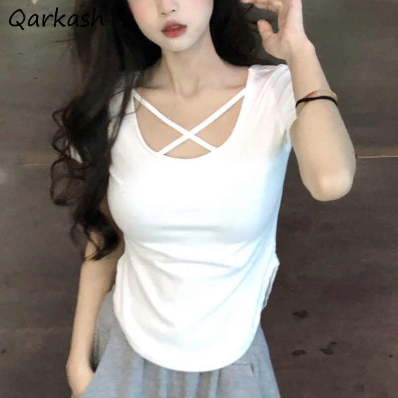 Short-sleeve T-shirts Women Clothing Criss-cross Aesthetic Summer Vintage Solid Korean Style Daily All-match Temper Work Wear
Short-sleeve T-shirts Women Clothing Criss-cross Aesthetic Summer Vintage Solid Korean Style Daily All-match Temper Work Wear