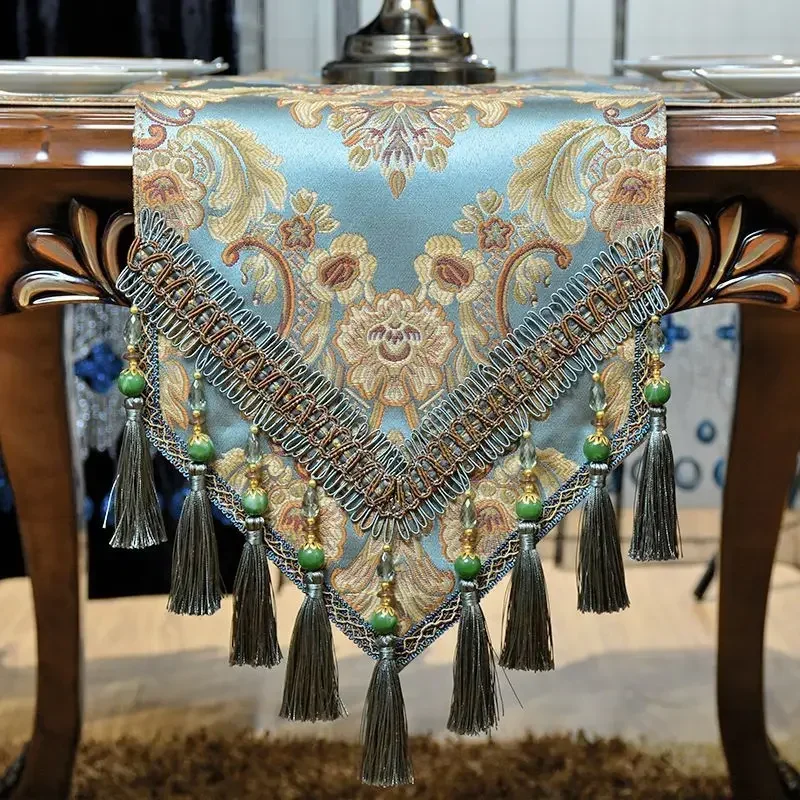 

Satin Jacquard Light Luxury Table Flag TV Cabinet Dining Table Anti Slip Cover Cloth Decorative Tablecloth with Bead Tassels